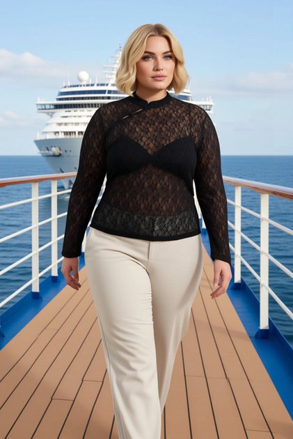 Women's Plus Size Blouse Cropped Mock Neck Button Detail Long Sleeve Lace Patterned Knitted Fabric Fitted Fit