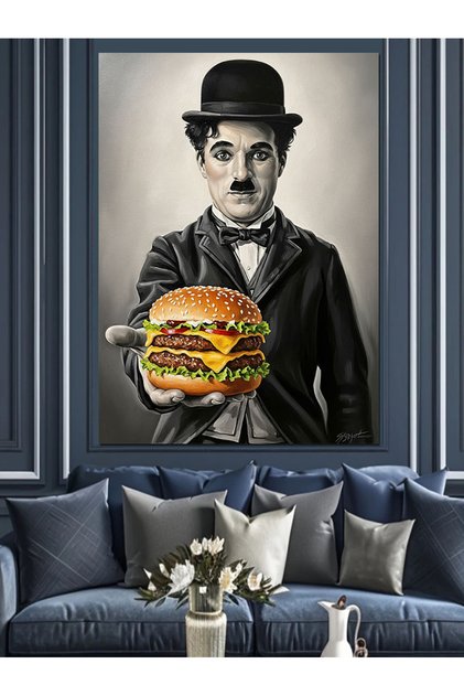 Hamburger Tutan Charlie Chaplin Dekoratif Kanvas - Mdf Ahşap Tablo