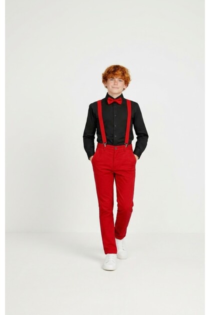 Boys' April 23 October 29 Black Long Sleeve Shirt Red Pants Red Suspender Bow Tie Suit