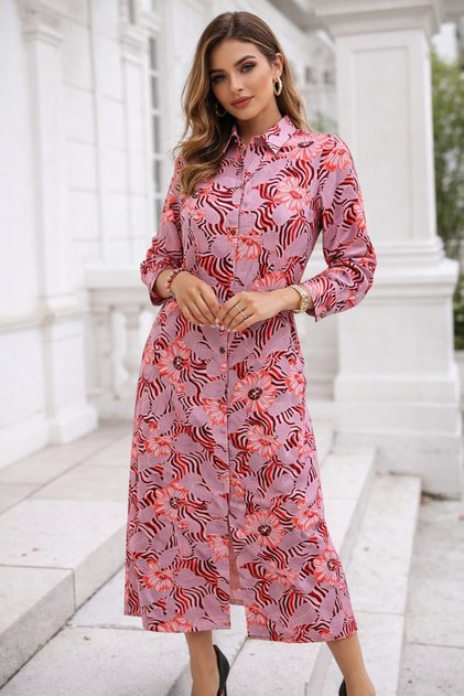 Rochie premium pentru femei, roz bumbac din satin, cu nasturi, cu model cu mâneci lungi, lungime midi
