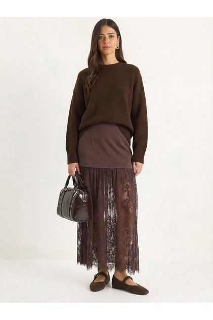 Women's Brown Lace Detailed Layered Skirt 8017 60283948
