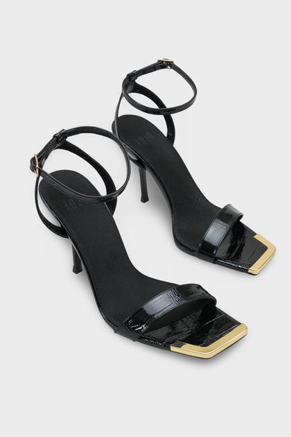 Women's Blunt Toe Thin Strap Gold t Buckled Open Back Casual t Heeled Shoes Lesano Black Crocodile