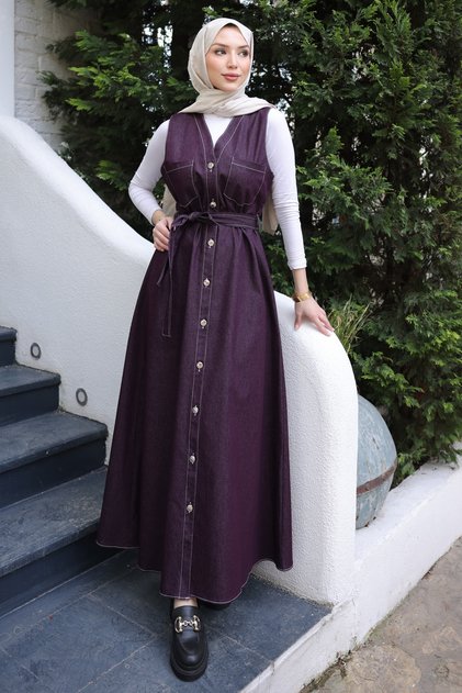 Plum Buttoned Pocketed Denim Gilet Dress