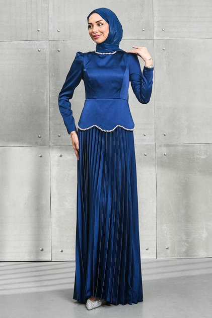 Navy Blue Waist Stone Detailed Skirt Pleated Satin Evening Dress