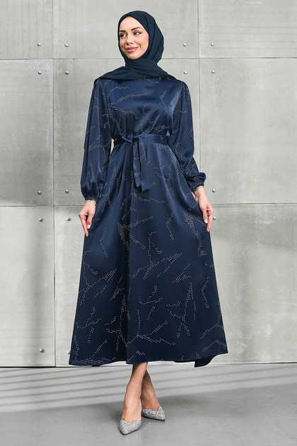 Navy Blue Stoned Belted Satin Evening Dress