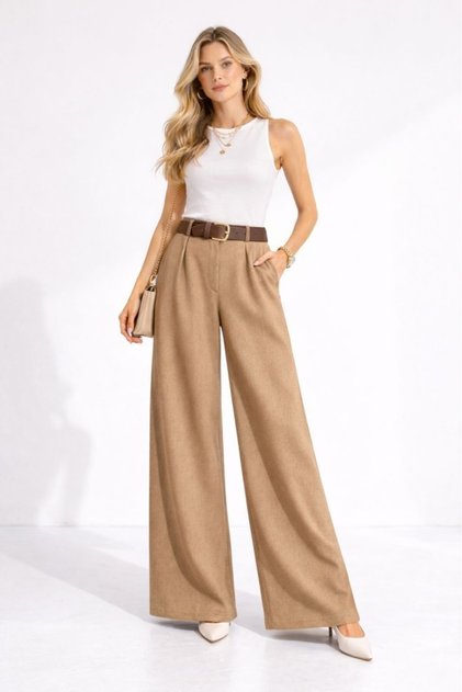 Women's Trousers Thick Waist Belt Palazzo Pants Wool Effect