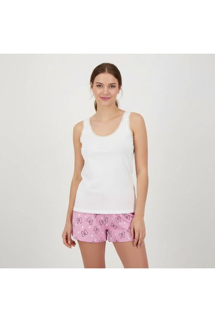 Women's Cotton Ornament Lace Thick Strap Tank Top and Shorts 2-Piece Set Bb2338