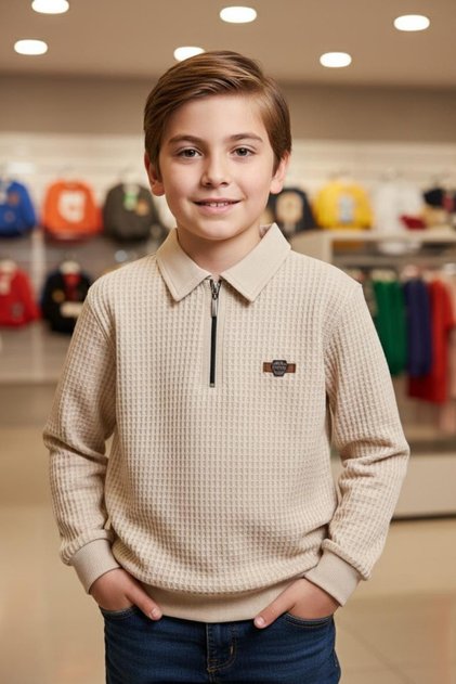 Boy's Polo Collar Zippered Sweatshirt, Petek Patterned Sweatshirt, Ages 7-14