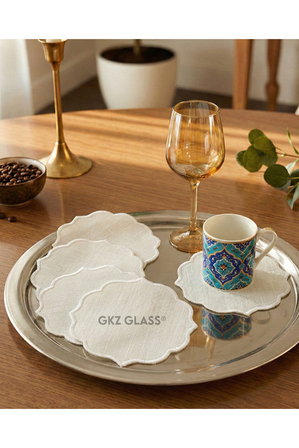 6 Linen Fabric Embroidered Coffee Side Cocktail Napkins & Coasters Serving Napkins