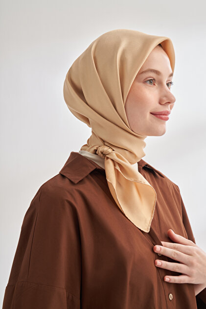 Premium İpek Serisi - Çift Taraflı %100 Twill İpek Eşarp - İki Renk Kullanımlı - Kahve Bal Köpüğü