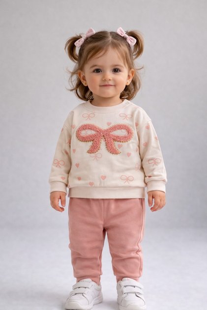 Baby Girl Heart Bow Embroidered 2-Piece Top and Bottom Set 2Yarn m Transitional Tracksuit Set 3-12 Months