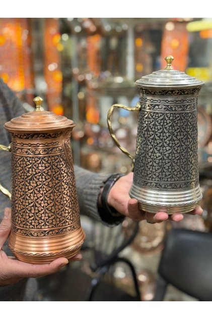 - 2 Litre Oyma Işlemeli Kalın Bakır Sürahi 1 mm – Içi Kalaylı – Dışı Nikel