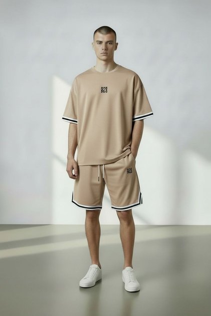 Men's Beige Printed Striped Detail Tracksuit Set