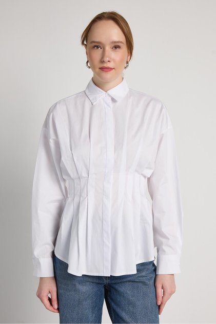 Women's White Classic Shirt with Waist Detail 31002