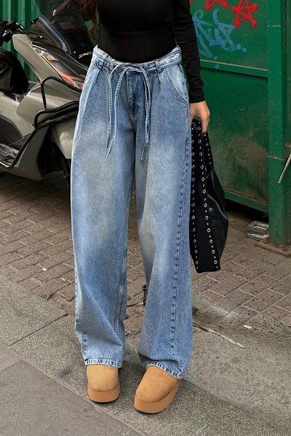 Unisex Pleated Waist Adjustable Waist Lace-Up Baggy Jean