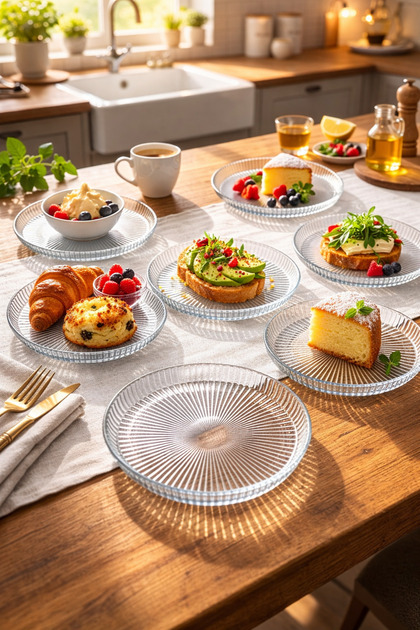 Çizgili Cam Servis Tabağı 6'lı Set - Şeffaf Sunum Pasta Tatlı Kahvaltı Tabağı 16cm