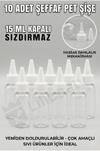 10 Adet 15 ml Şeffaf Boş Plastik PET Şişe - Sızdırmaz Contalı İğne Uçlu Beyaz Kapak