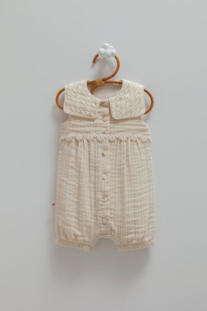 100% Cotton Baby Girl Muslin Jumpsuit Lace Collared Summer Wear