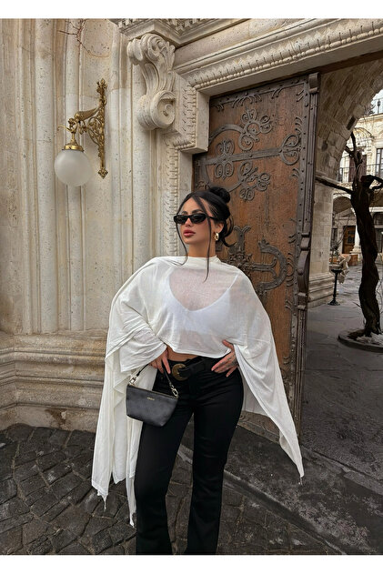 kırmızı butiks White Vorteks Knitwear Poncho - Trendyol