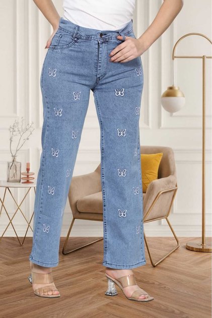 Bowknot Embroidery Detailed Az Stretch Fabric Jean Trousers