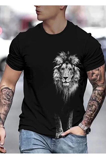 coolart ERKEK Siyah ASLAN BASKILI Tişört - Baskılı Oversize Yazlık