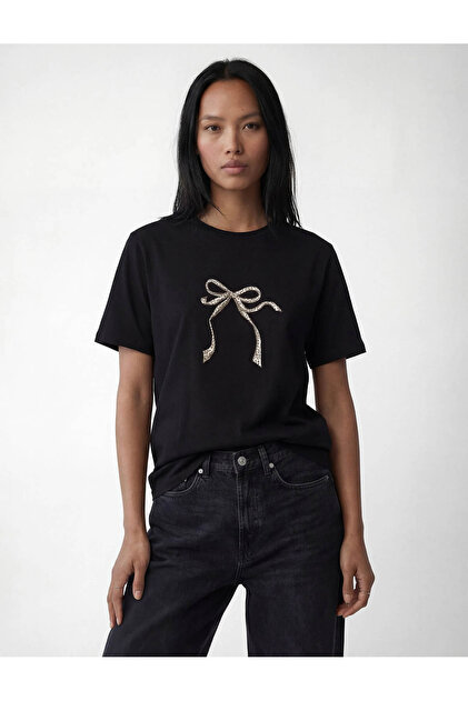 オルフェオン Koton Leopar Desenli Fiyonk Baskılı Siyah Kadın T-Shirt
