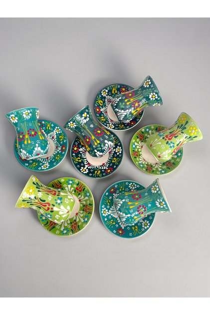 Decorative 6-Person Fully Handmade Tea Cup Set with Stylish Tulip Tile Design