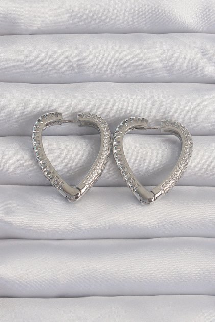 Brass Silver Color Zircon Stone Motif Heart Earrings
