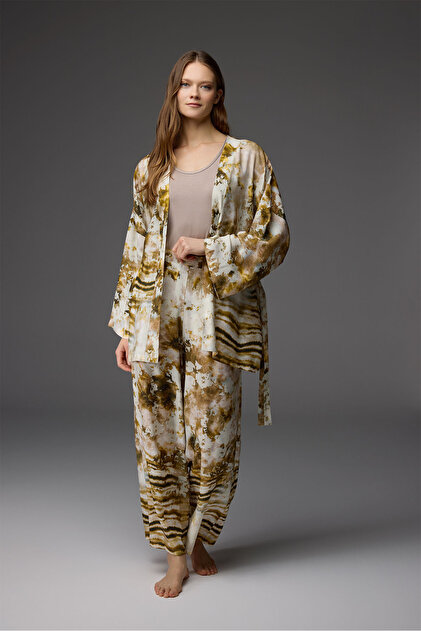 Viscose Patterned Dressing Gown, Athlete Pants, 3-Piece Set Bm-1842