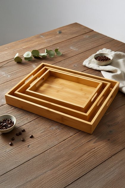 Bamboo Wooden Serving Tray Set of 3 - Breakfast Presentation with Handles