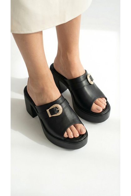 Buckle Detail Open-Front High-Heeled Comfortable Women's Summer Shoes Slipper Sandals