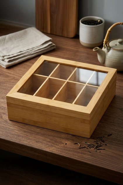 Bamboo Tea Box with 8 Compartments Wooden Tea Storage Container with Glass Lid