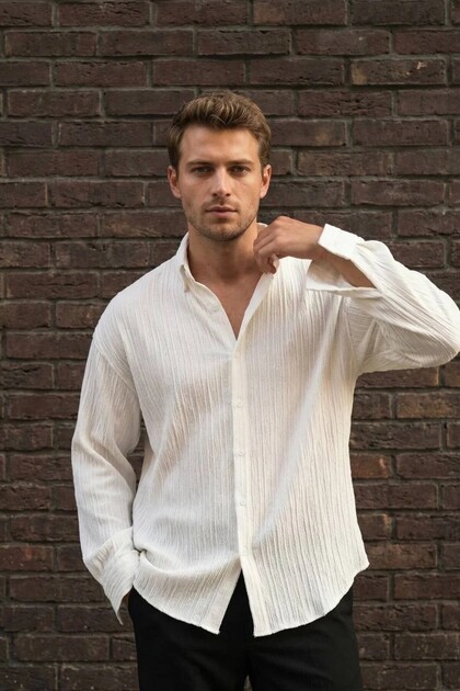 Men's Striped Textured Summer Shirts Long Sleeve Comfortable Fit Buttoned White Casual Shirt Ls-13037