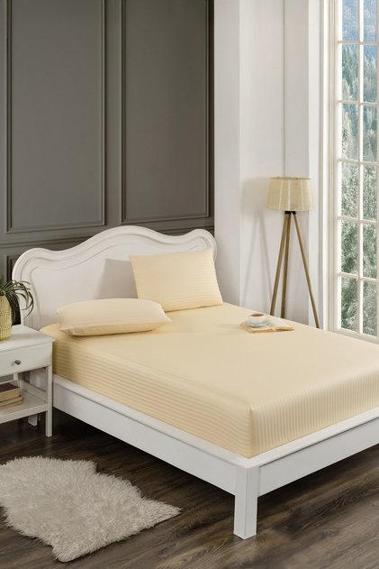 Striped Satin Elastic Double Cream Bed Sheet Set - 40 cm - 2 Pillowcase 100% Cotton