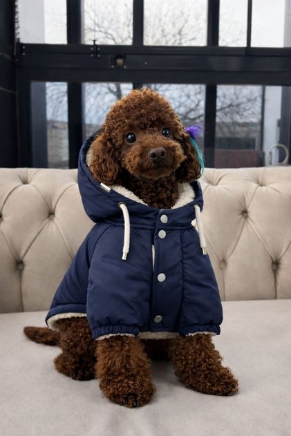 KÜÇÜK IRK - Lacivert Peluş Astarlı Kapüşonlu Köpek Montu – En çok tercih edilen kışlık model