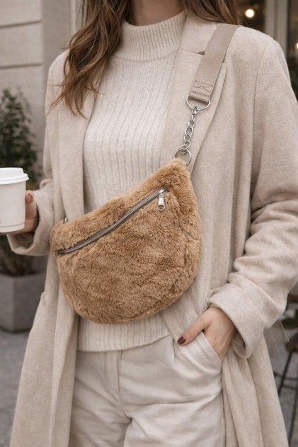 Plush Crisscross Straps Women's Bag / Chain Detail / Adjustable Handle / Lined