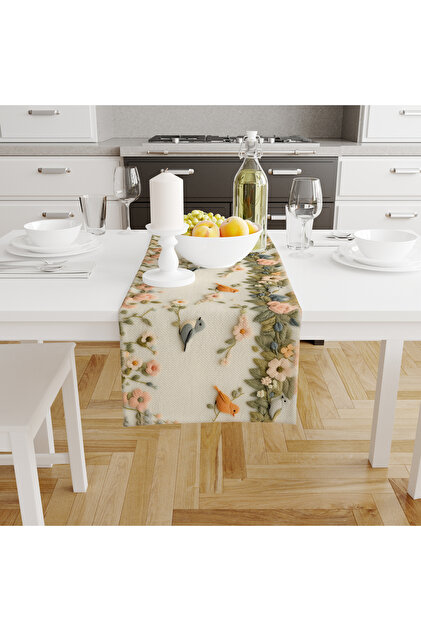 Set of Digital Print Table Runner - Bird/ Floral Print - Embroidery Look - 140X40 cm