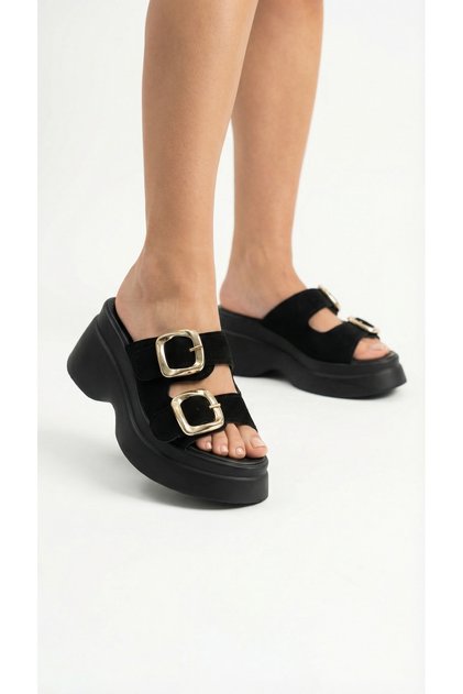 Double Buckle Detail High Wedge Heel Lu Suede Comfortable Women's Summer Slipper Sandals