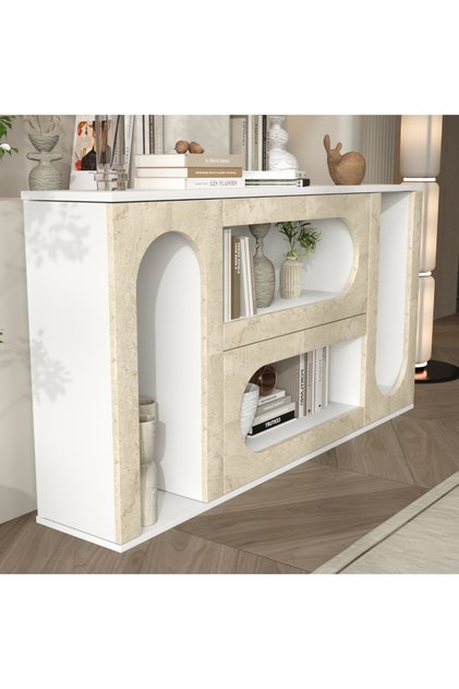 NOREL Kemerli Modern Konsol %100 MDF Dekoratif Raflı ve Kapaklı Salon Konsolu