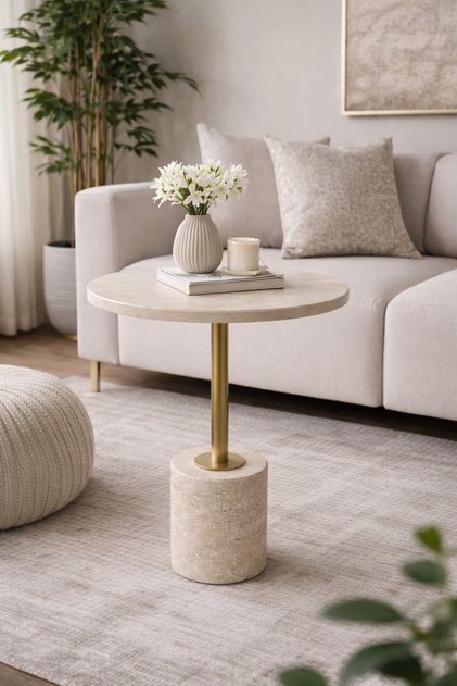 Modern Traverten Yan Sehpa Mat Gold Metal Ayaklı
