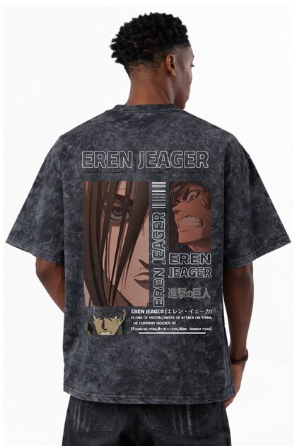 Attack on Titan Eren Yeager Anime Printed Unisex Oversized Vintage Washed T-Shirt