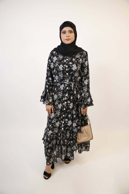 Najam- Graceful Chiffon Lined Black and White Floral Printed Maxi Dress