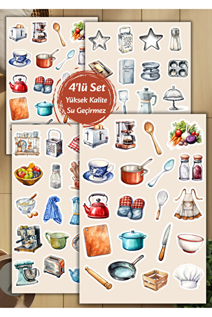 4'lü Mutfak Ürünleri, Bakery, Pasta Sticker Set Ajanda Bullet Journal Planlayıcı Scrapbook D00042