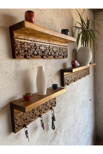 3' lü Set Ahşap Oyma Askılıklı Duvar Rafı