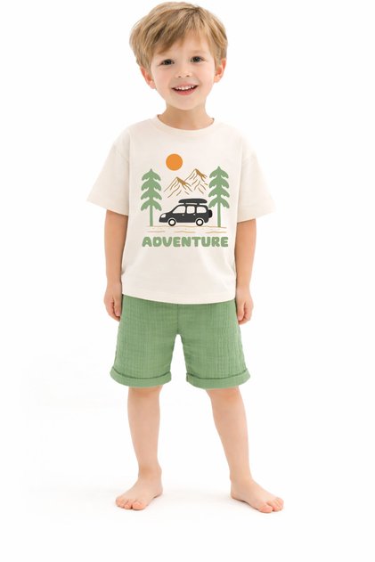 Boy's Adventure Printed Shorts Set 100% Cotton Summer Green