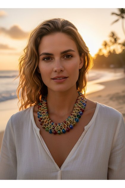 Gold Chain Detail Colorful Crystal Stone Statement Necklace – Multi-Colored Stylish Evening Dress & Combination Women's Necklace