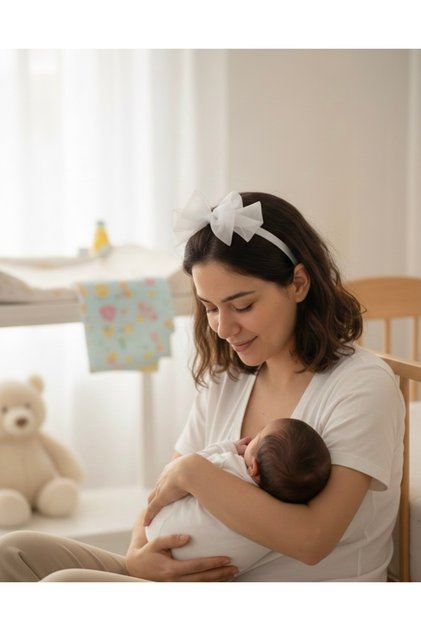 Coroana de maternitate - Coroana de maternitate din organza albă cu design cu fundă mare - Accesoriu de maternitate pentru externare din spital