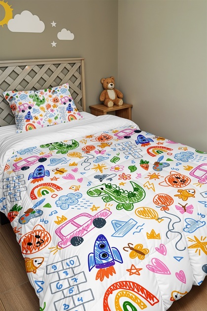 Cheerful Scribblings Patterned Single Duvet and Pillowcase