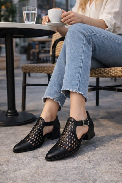 Silva Women's Laser Cut Black Leather Shoes Ankle Length Buckled Heels Perforated Daily Stylish Style