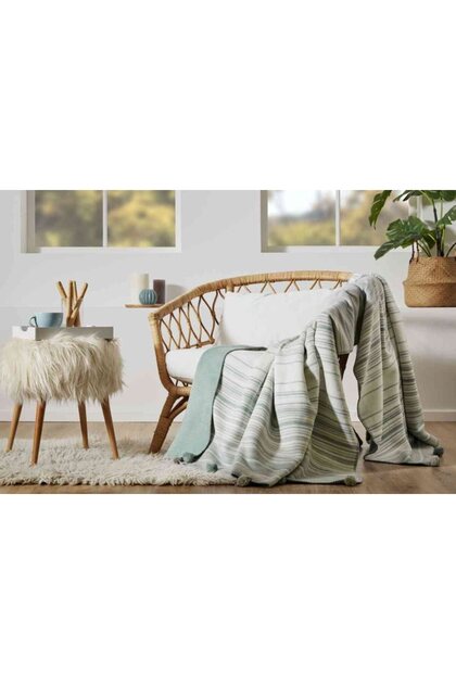 Blanket Cotton Stripe Pompon Double Green